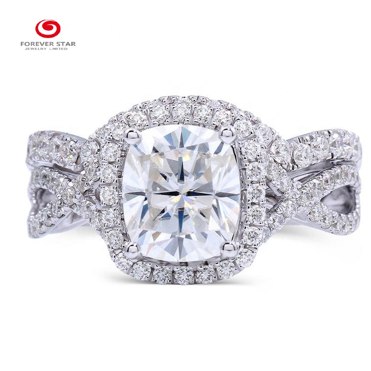 New Design 14K Gold Jewelry Wholesale Platinum Plated Cushion Cut Halo Moissanite Engagement Ring