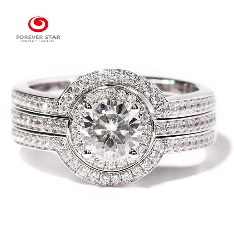 Factory Wholesale Fashional Design 14K White Gold 3 Set of Rings D Color 1ct 6.5mm Moissanite Halo Engagement Ring