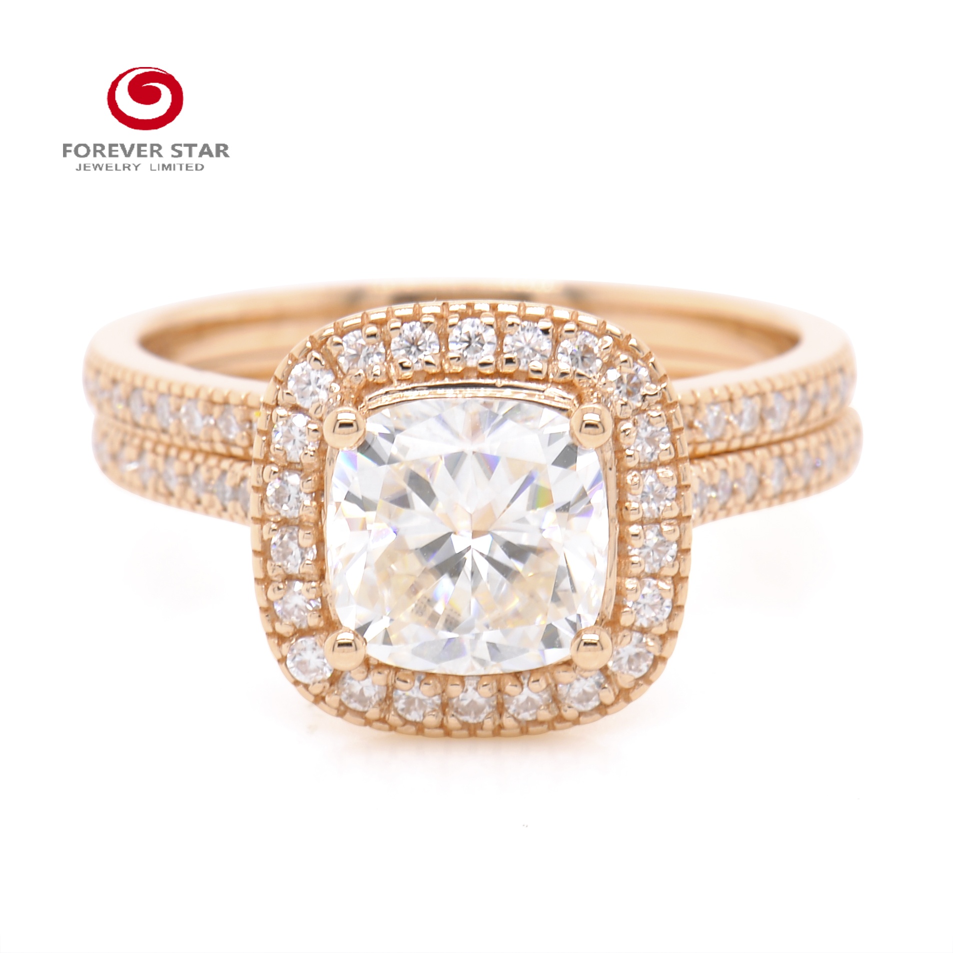 Gold Ring Factory Wholesale 14K Rose Gold Cushion Cut D Color 2 Carat Halo Moissanite Engagement Rings