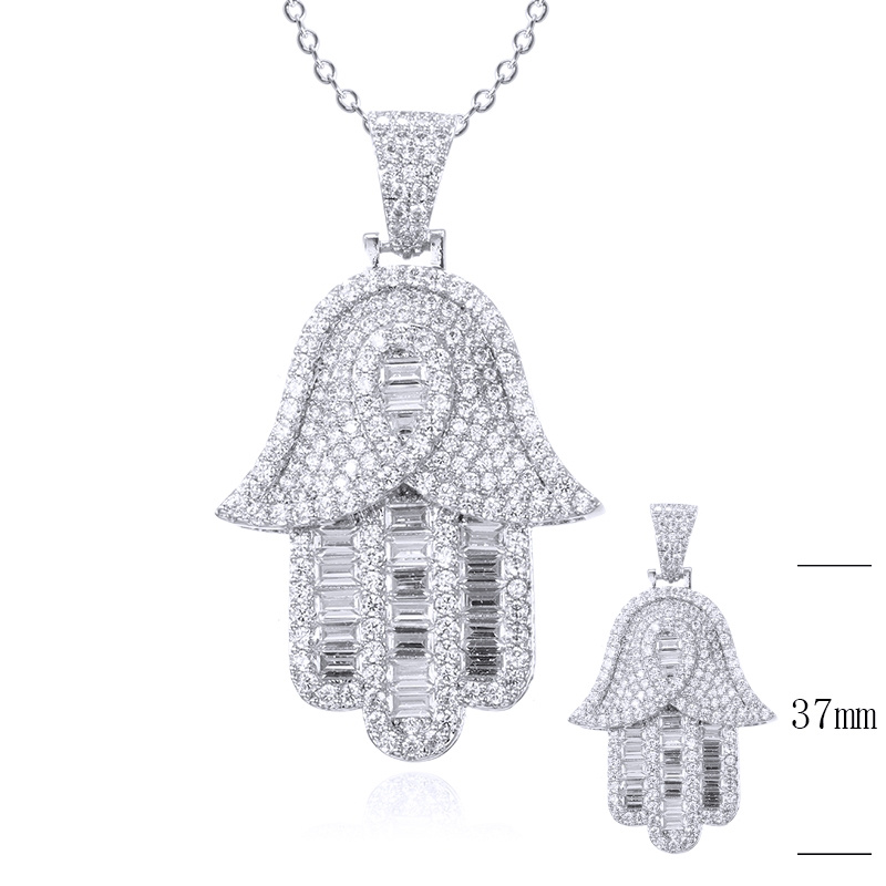 925 Sterling Silver Iced Cubic Zirconia Bling Hip Hop Pendant Hamsa Hand Pendant