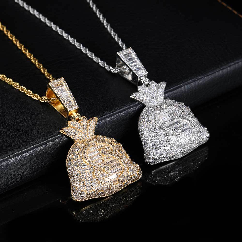 Hot Sale Hip Hop Gold Plated Dollar Purse Necklace Men's Micro Inlay Cubic Zirconia Iced Out Dollar Money Bag Pendant Necklaces