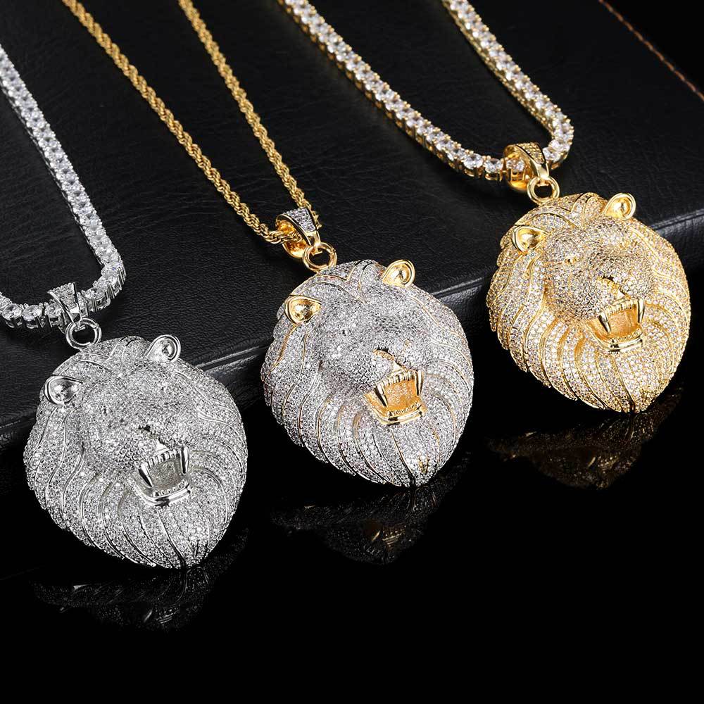Hip Hop Animal Head Lion Pendant Necklace for Men 18K Gold & Silver Plated Brass Iced out Jewelry