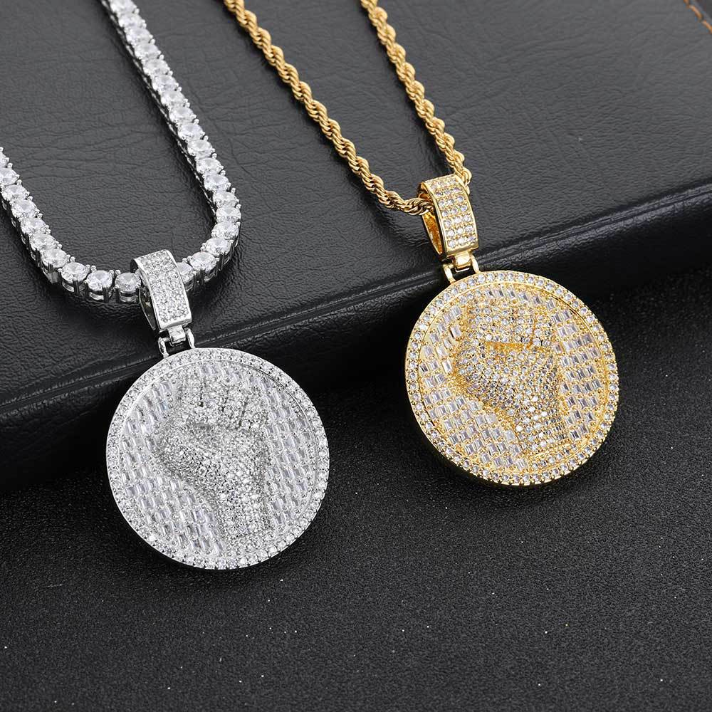 Hip Hop Diamond Pendant Iced Out Bling Cz Gold Plated Fist Coin Pendant Necklace