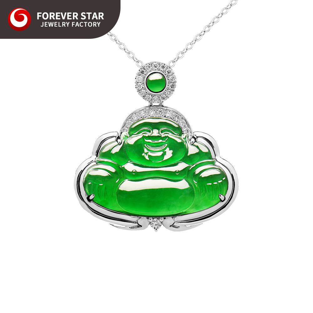 18K Gold Diamond Buddha Pendant Necklace Grade a Jadeite Laughing Buddha White Gold Charm Pendants
