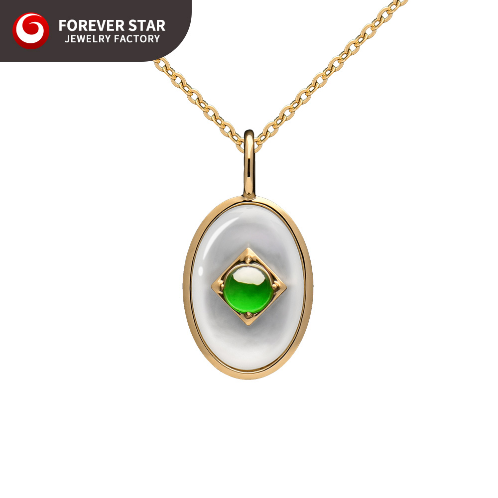Forever Star Imperial Green Icy Jadeite Pendant High-End Quality 18K Gold & White Shell Fine Pendants & Charms