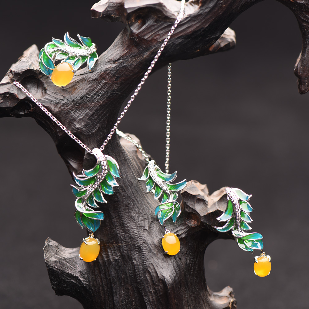 Enamel Flower Ring Oem Odm Custom Enamel Ring Yellow Chalcedony W/CZ Ring Earring Necklace Jewelry Set