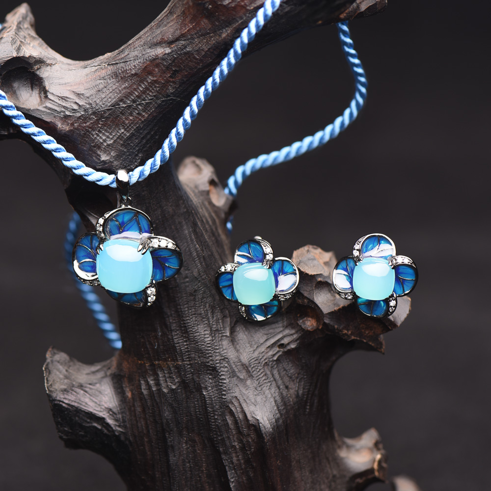 Jewelry Set Best Friend Enamel Necklace 925 Silver Sea Blue Chalcedony W/CZ Rings Earrings Necklace Set