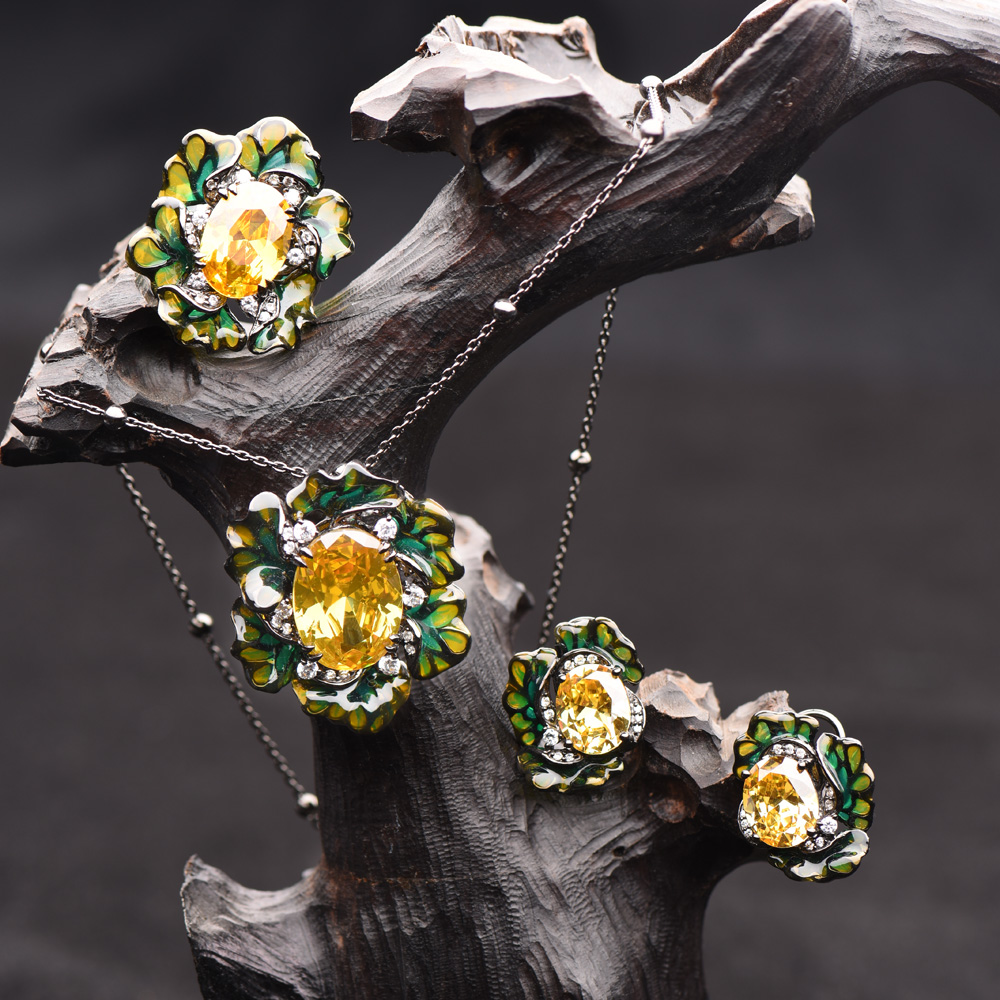 Stainless Steel Enamel Rainbow Ring for Lesbian & 925 Silver CZ Deep Yellow W/ CZ Ring Earring Necklace Jewelry Set