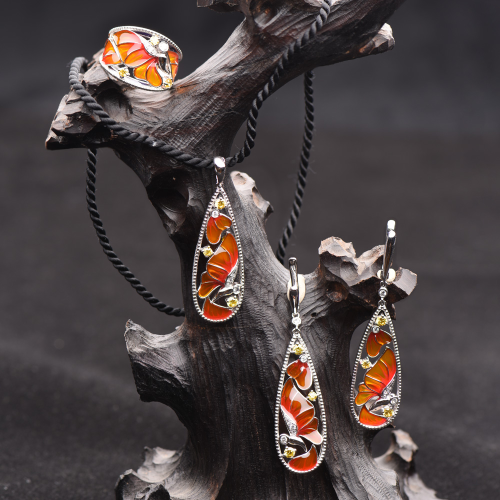 925 Silver Chinese Design Enamel Jewelry Set Vivid Color Gold and Pearl with CZ Star Pattern Ring Earring Necklace Bracelet