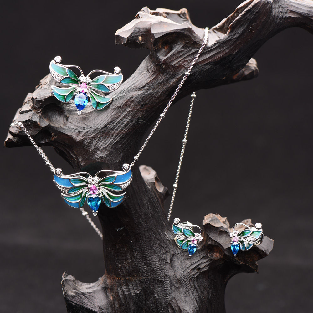 Cute Key Chain Necklace Jewelry Enamel Charms 925 Silver Multi-color CZ Ring Earring Necklace Jewelry Set