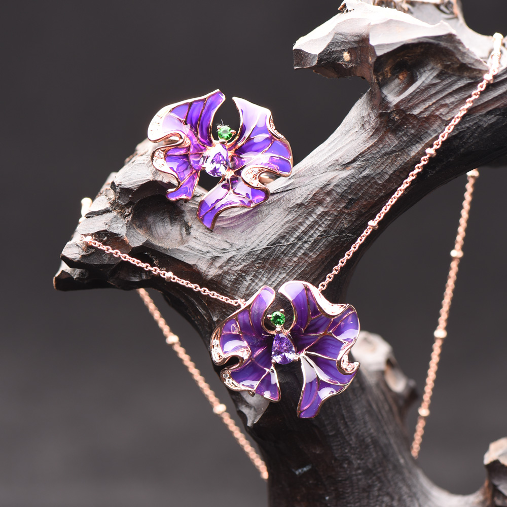 Gold Ring Animal Shape Painted Enamel 925 Silver CZ L. Amethyst+Glass Emerald W/CZ Ring Earring Necklace Jewelry Set