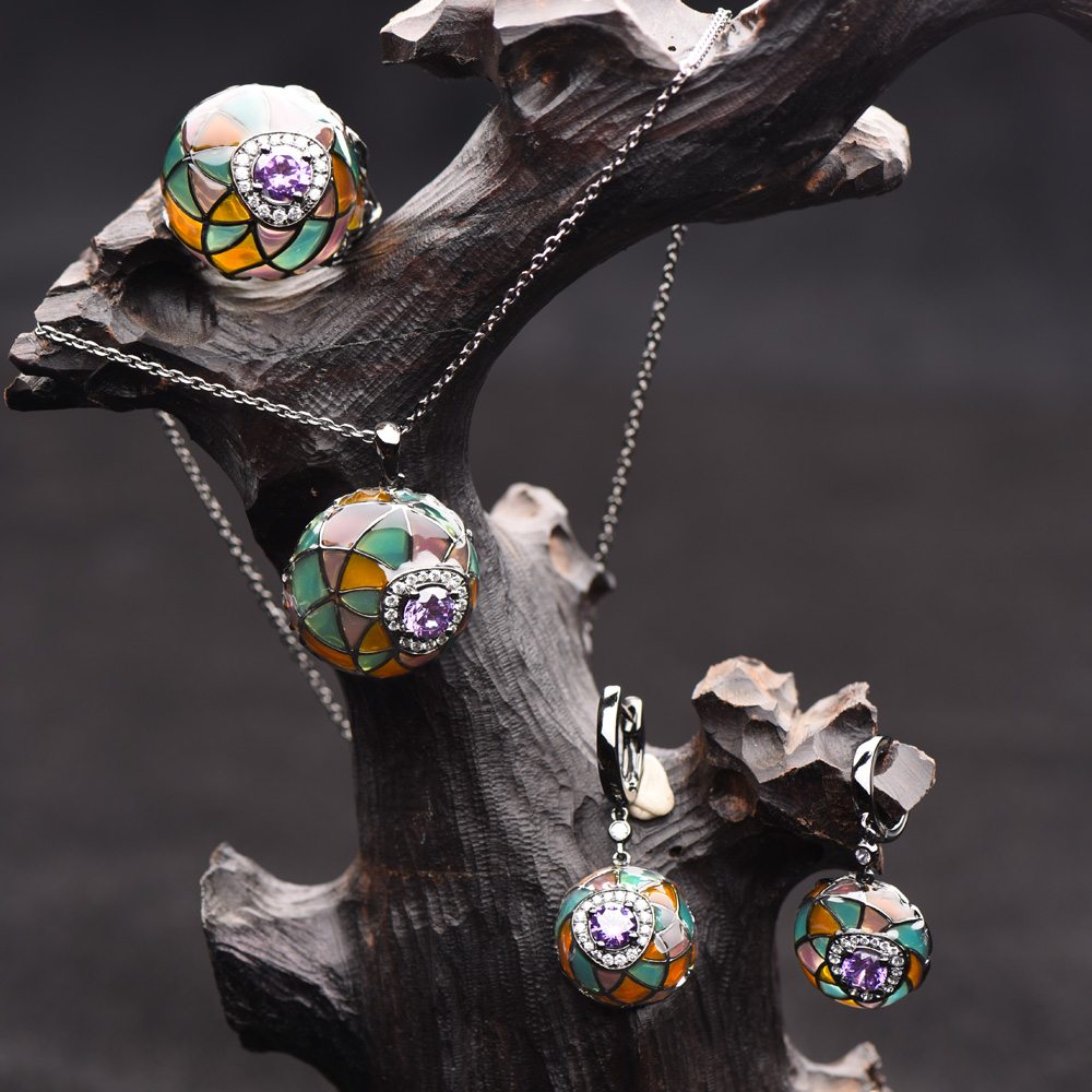 Pendants Rings Cloisonne Enamel 925 Silver CZ L. Amethyst Ring Earring Necklace Jewelry Set
