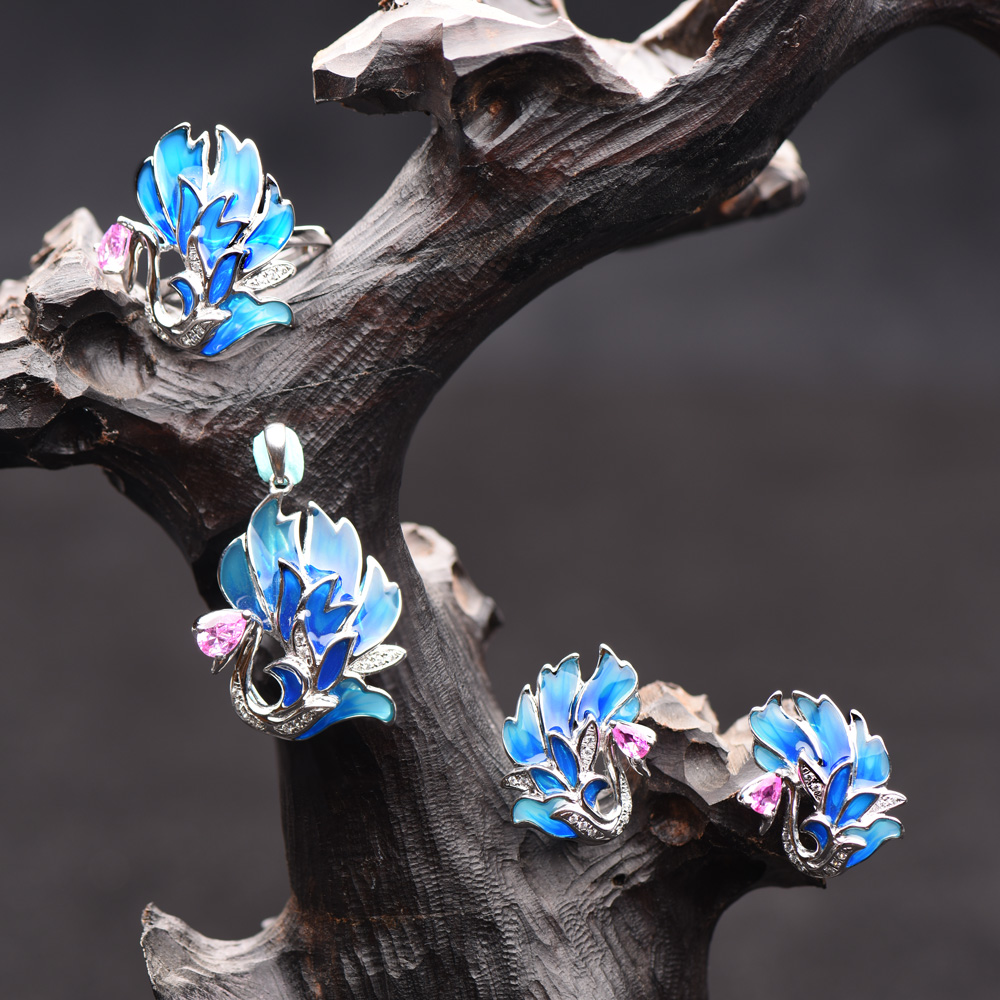925 Sterling Silver Blue Enamel Jewelry Set SYN.C. Pink with CZ Ring Earring Pendant Necklace Gold Plated for Engagement Party