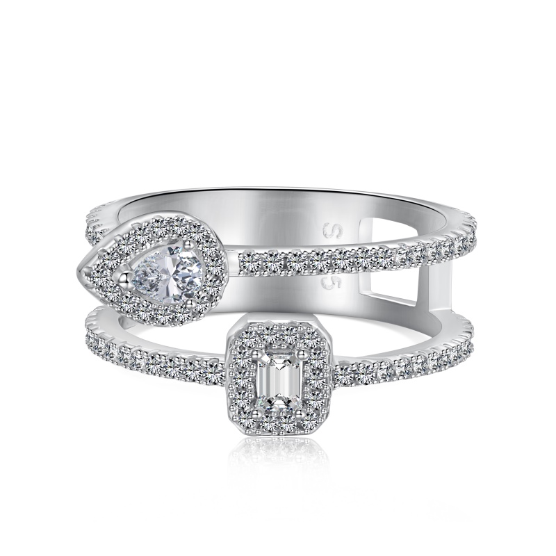 S925 Sterling Silver White Pear-shaped Rectangular Round Zirconium Moissanite Set Double Hollow-out Design Sense of Niche Ring
