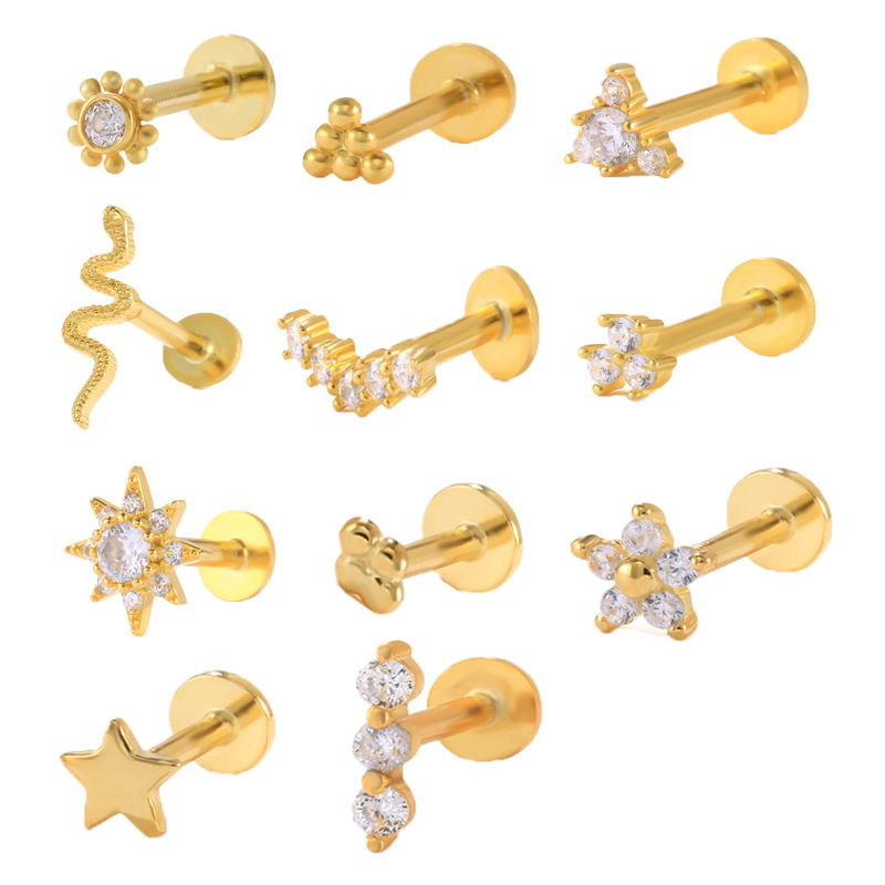 Rainbowking Fine Jewelry Earrings S925 Sterling Silver Zirconia Gold Flat Head Inner Thread Pierced Earrings for Party Gift
