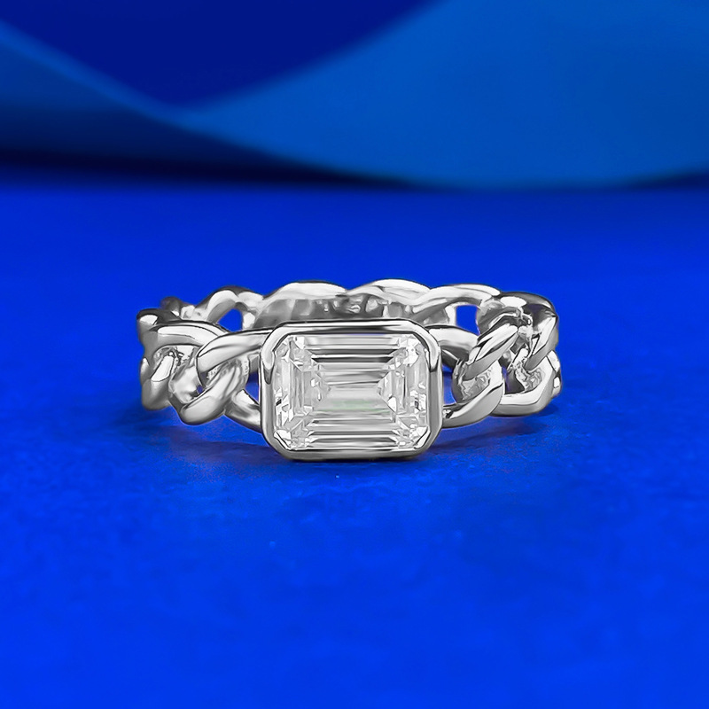 S925 Silver White Gold 5*7 Rectangular Lab Diamond Cuban Ring Live Cross-Border Chain Trendy Weddings Engagements