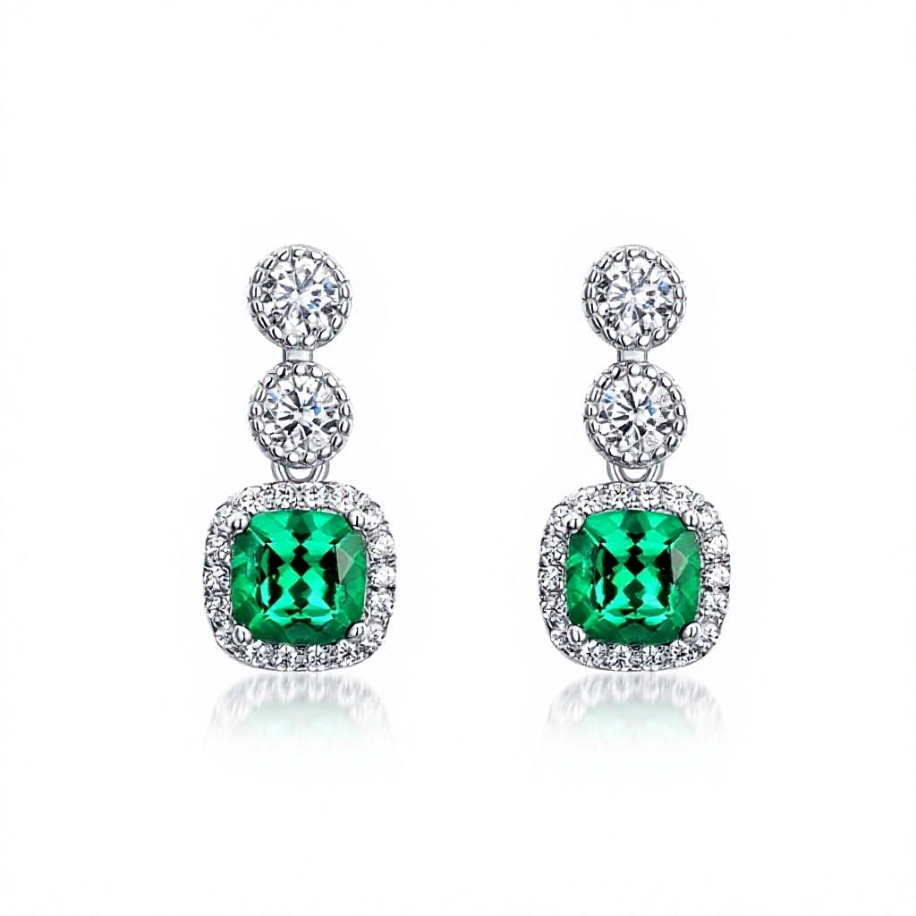 925 Sterling Silver Stud Earrings Green Cushion Cut Gemstone Halo Engagement Luxury for Wedding Party