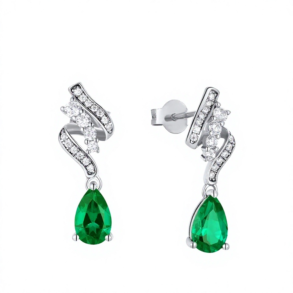 Pear Cut Green Drop Earrings Rhodium Plated Cultivating Emeralds 925 Sterling Silver Claw Setting Forever Star Third Party