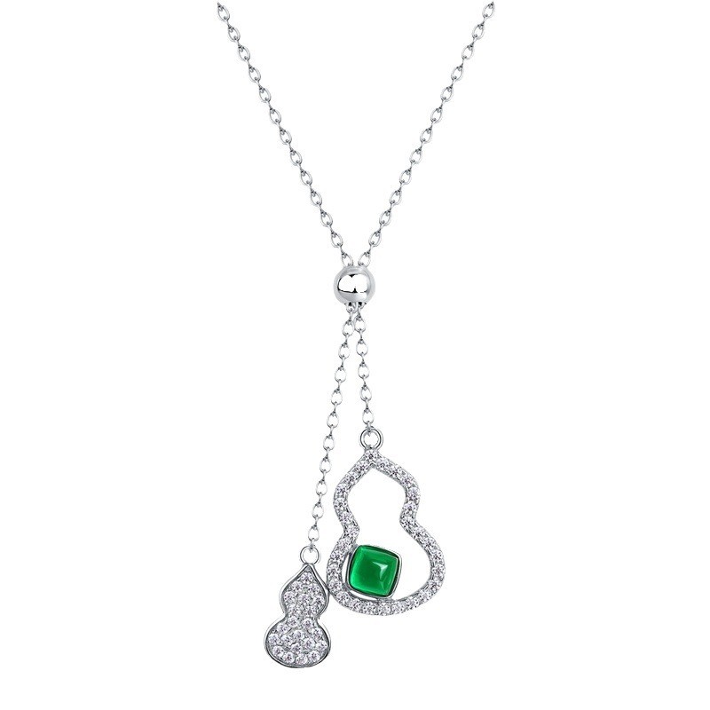 S925 Sterling Silver Gourd Pendant Necklace Green Emerald and CZ Y Chain for Women Wedding Gift