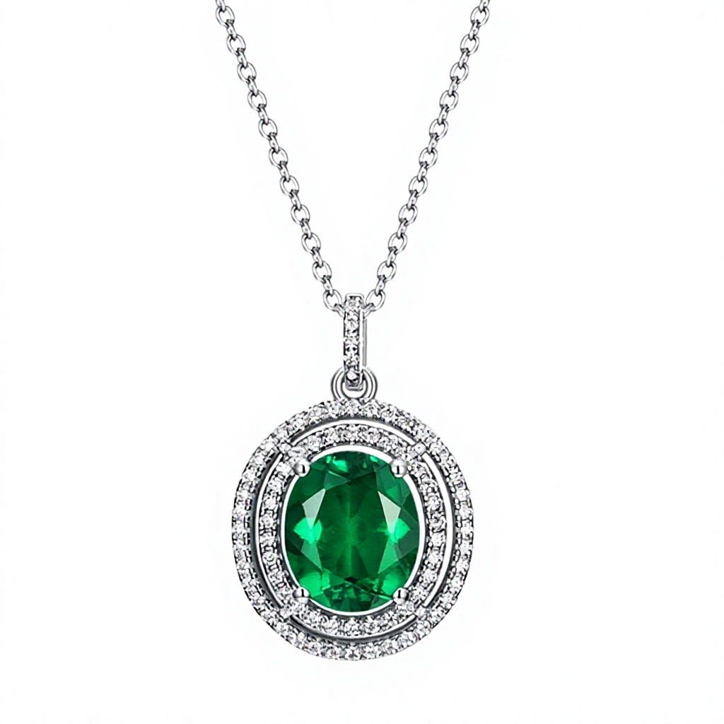 Oval Emerald Double Halo Luxury Link Chain Pendant Necklace 925 Sterling Silver Gold Plated Gemstone Jewelry Women Wedding Gift