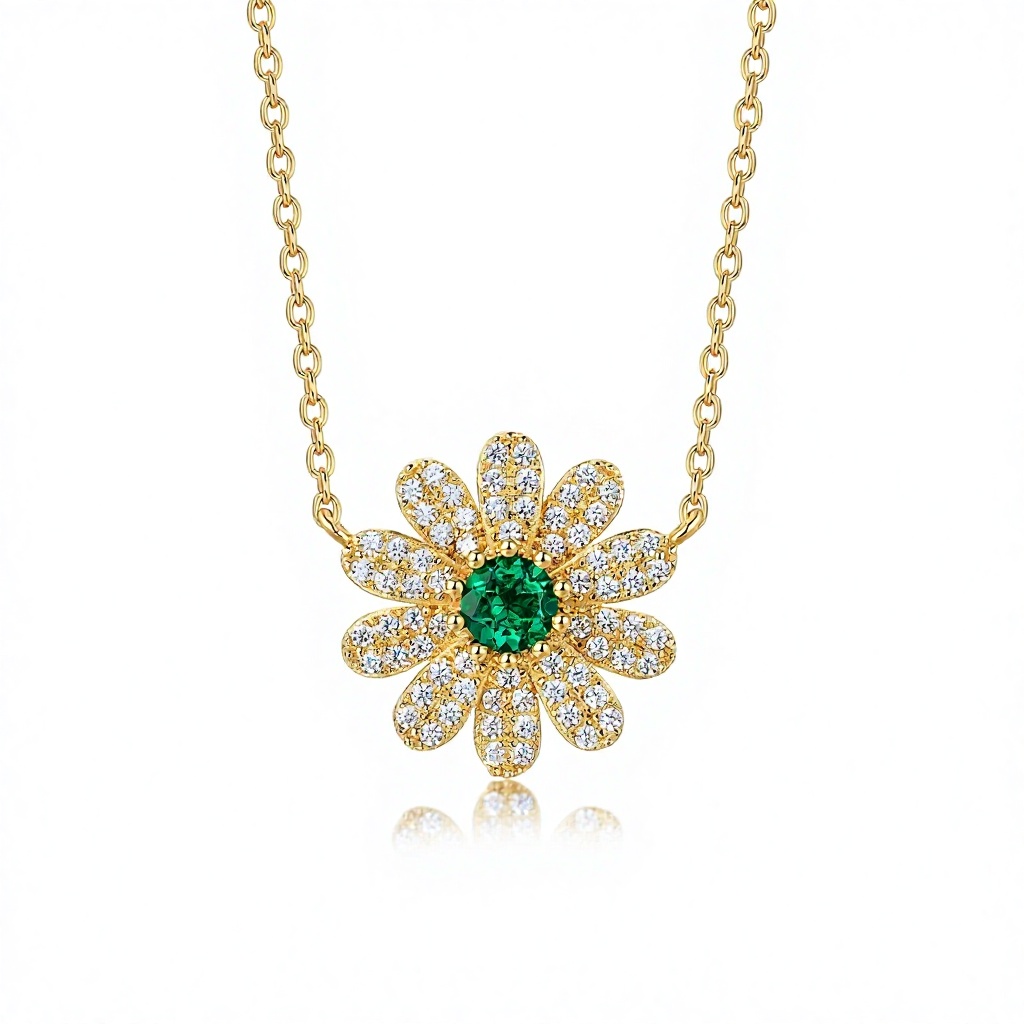 Daisy Flower Emerald Pendant Necklace Gold Link Chain Floral Jewelry for Women Gift