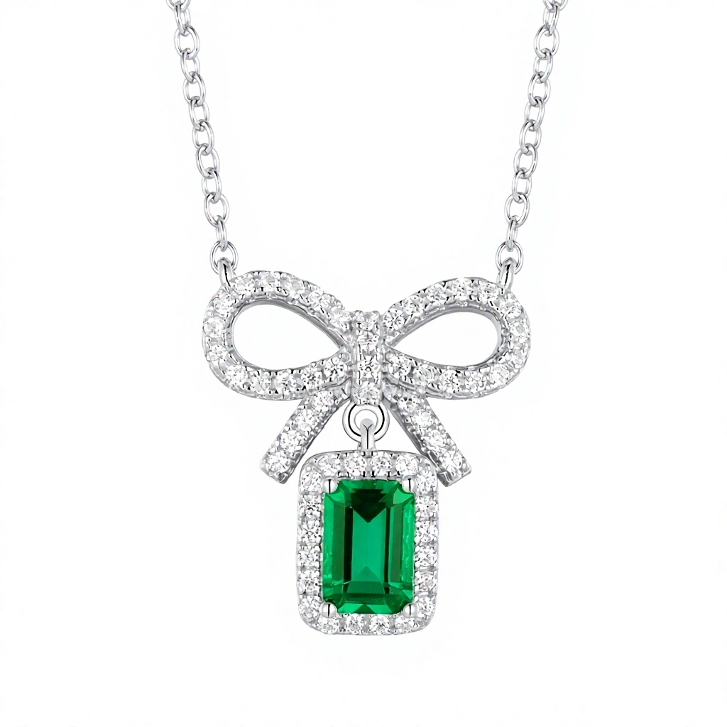 925 Sterling Silver Emerald Cut Bow Pendant Necklace with Claw Setting Diamond Accent for Women-Engagement Wedding & Party Gift