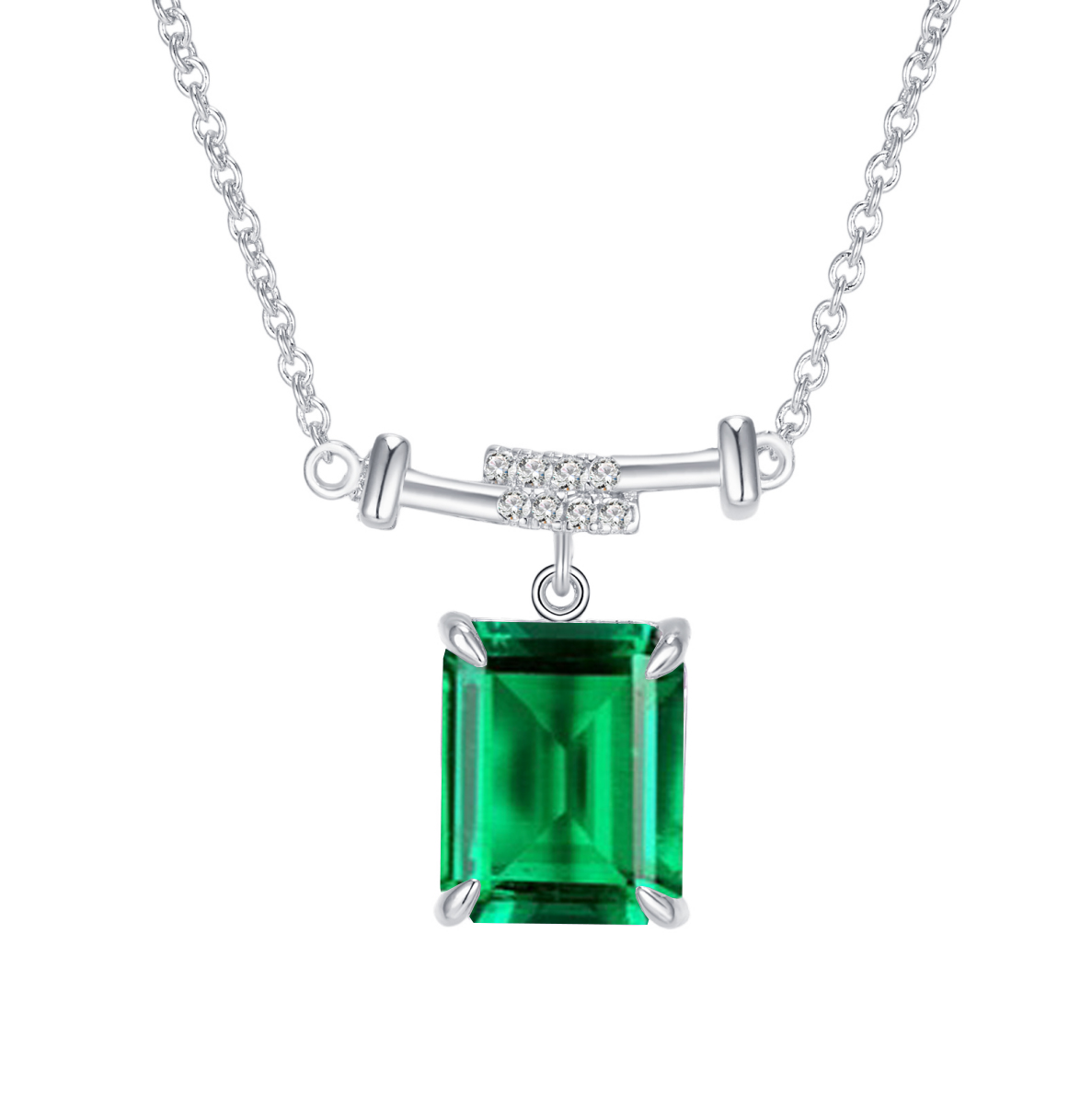 925 Silver Lab Grown Emerald Cut Green Gemstone Pendant with Lab Grown Diamond Pave Bar Luxury Gift for Women