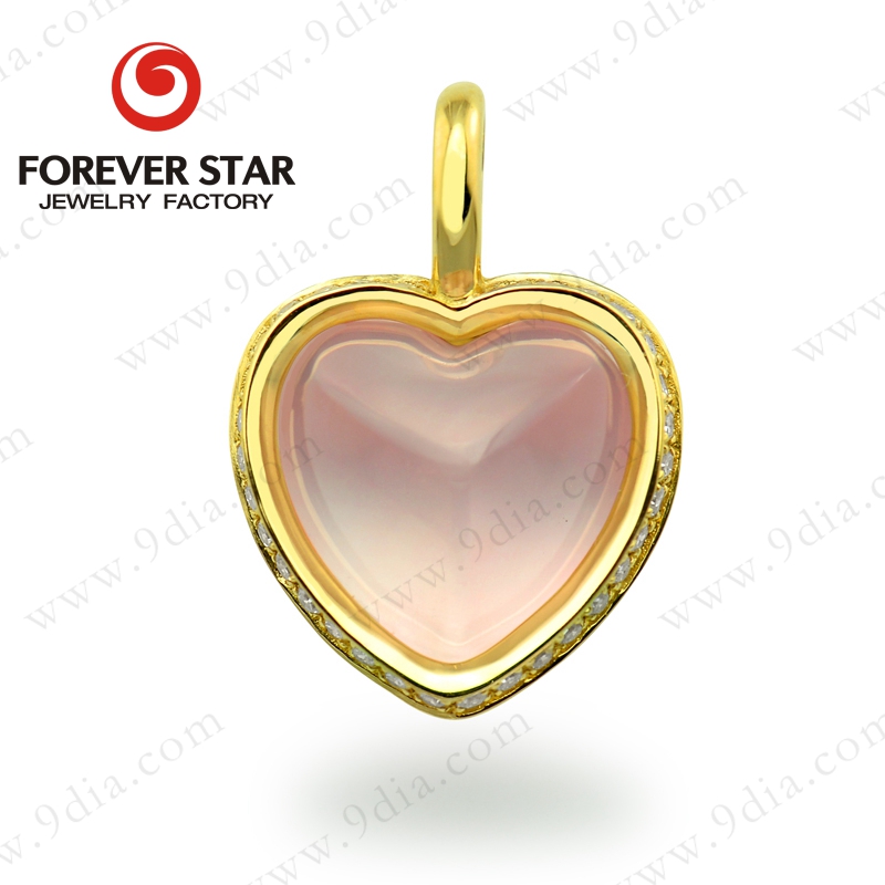 New Design Wholesale 10K Gold Rose Quartz Heart Crystal Pendant With Diamond
