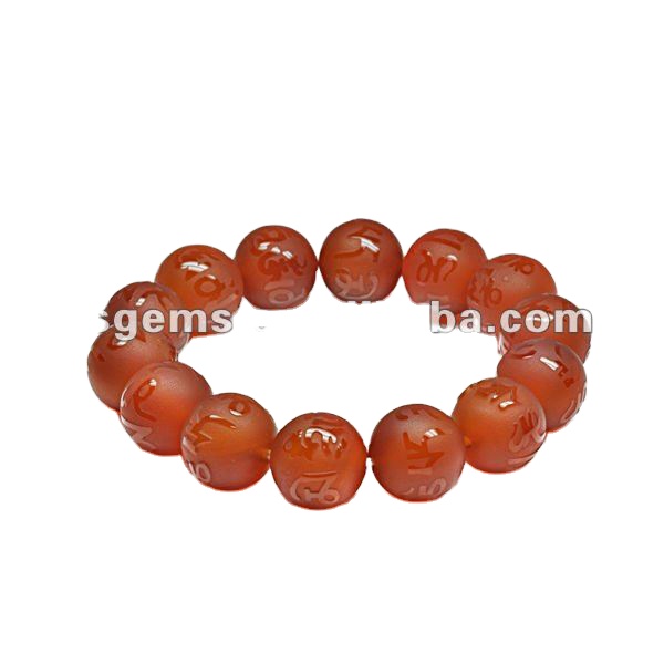 Unisex Vintage Style Silver Bracelet With 14mm Red Brazilian Agate Gemstone Ball Shape Star & Number Pattern for Gift or Party