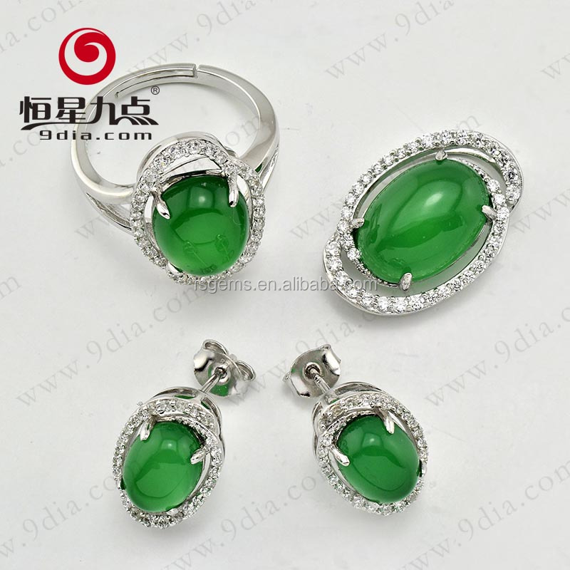 Silver Jewelry Factory Wholesale 925 Sterling Silver Green Agate Fashion Jewelry Set