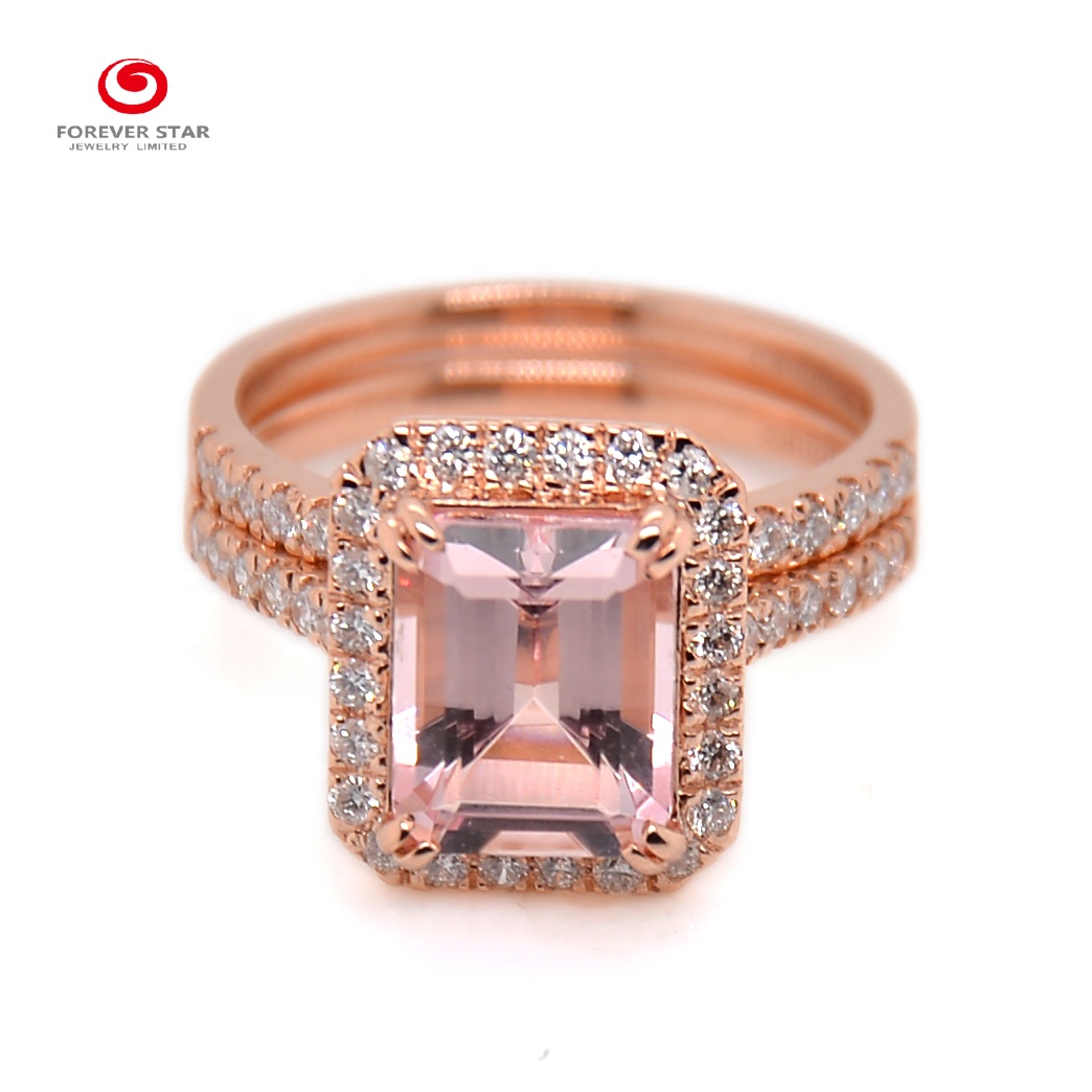 18K Rose Gold Plated Fashion Design Cushion Morganite Moissanite Diamond Ring Elegant Style Ring for Women