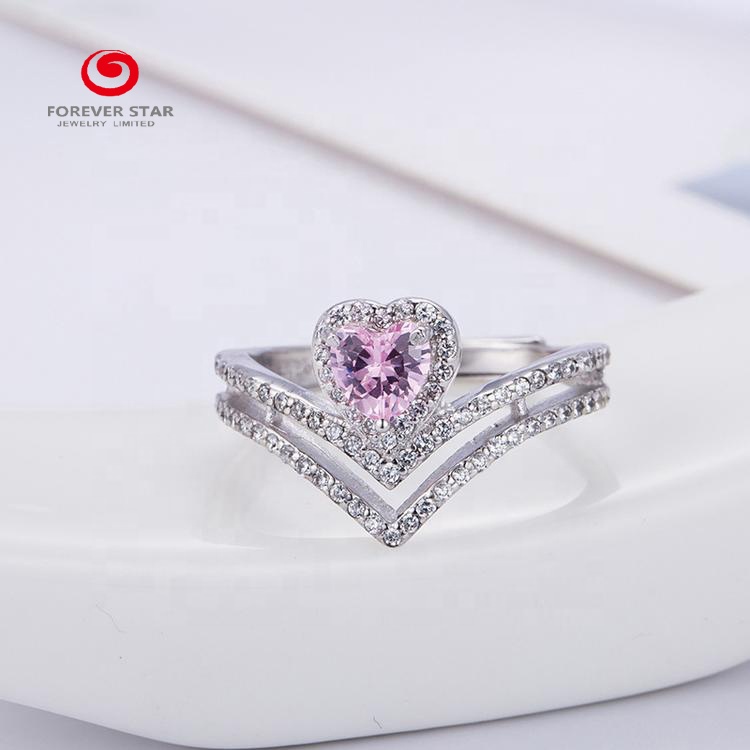 Factory Price 925 Sterling Silver Ring Pink Crystal Heart Shape Woman Engagement Wedding Ring