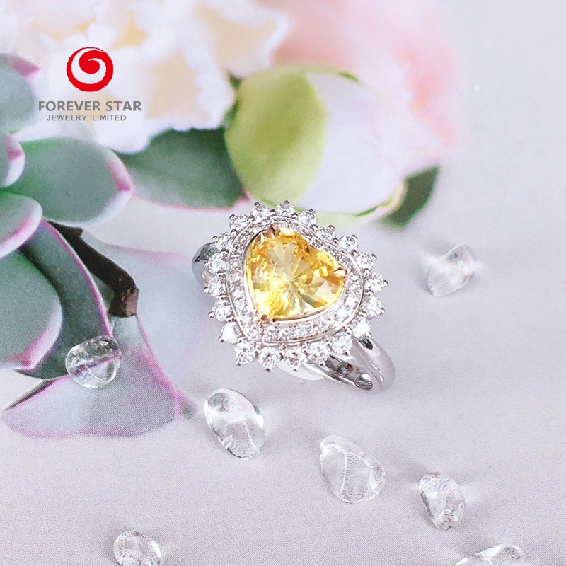 Factory Price Pretty Romantic 925 Sterling Silver White Gold Color Plated Heart Shape Citrine Cubic Zirconia Rings for Woman