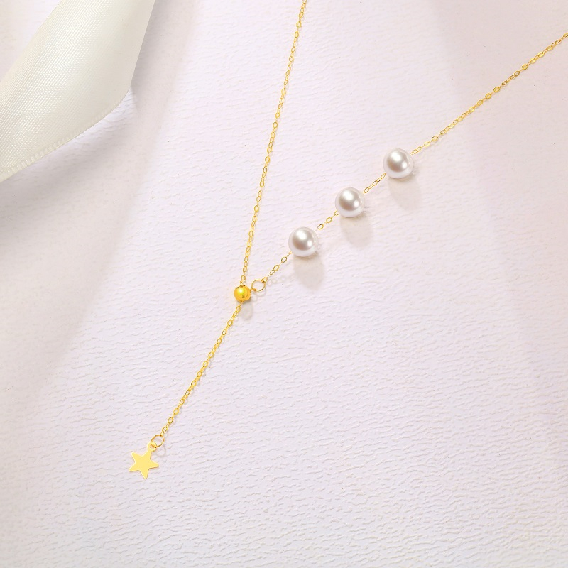 Women's 18k Real Gold Necklace with Star Real Pearl Classic Style for Wedding Party Engagement Anniversary or Gift