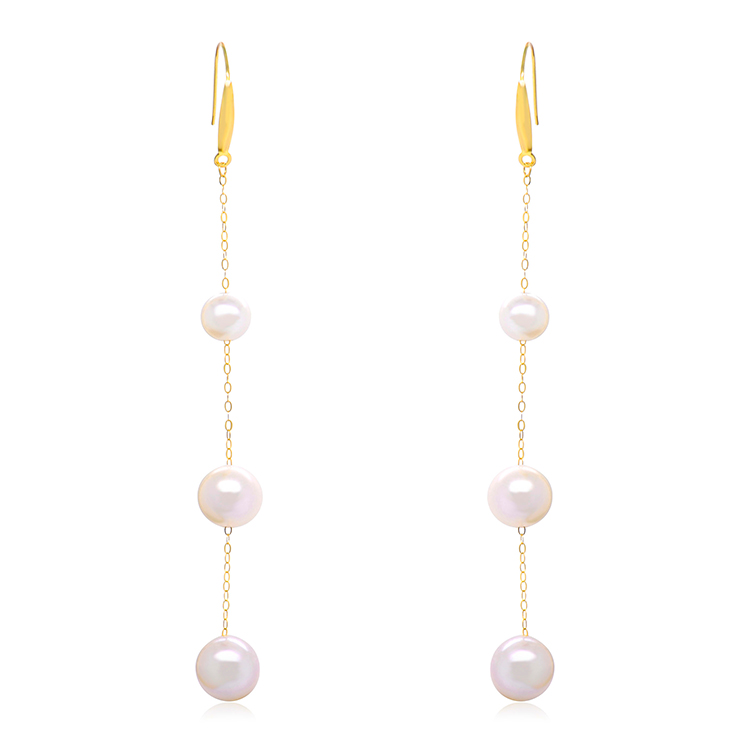 18K Real Gold Retro Long Dangle Earrings Simple Freshwater Pearls Drop Earrings for Elegant Ladies