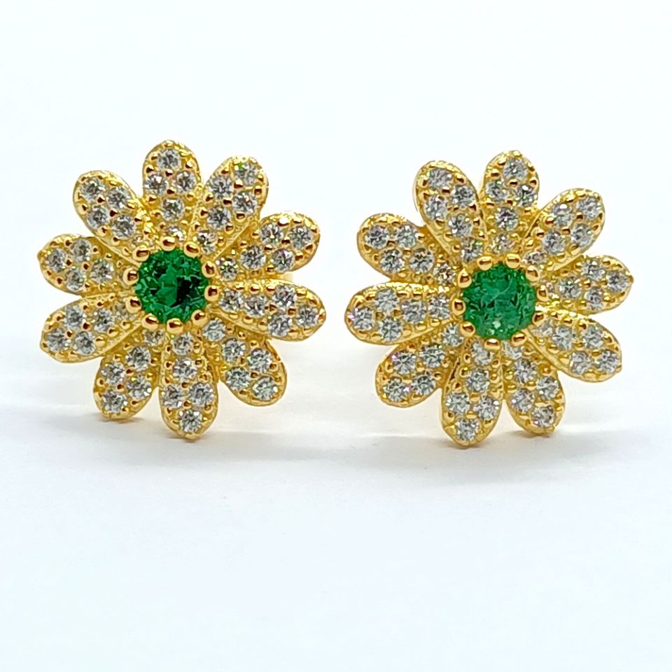 Women's Gold-Plated Silver Earrings with Cute Number & Emerald Studs Zircon Flowers for Weddings or Parties Gift