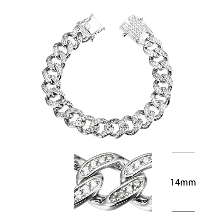 Hip Hop Jewelry Fashion Miami Cuban Chain Bracelet Iced Out Cubic Zircon Diamond Silver Bracelet