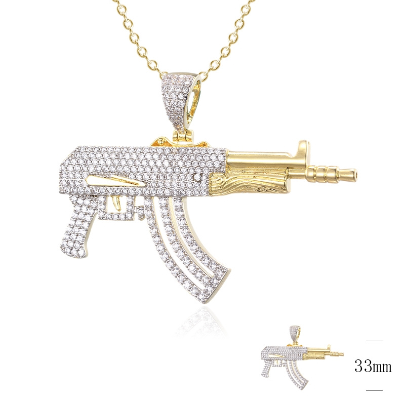 Wholesale 18K Gold Plated Unisex Iced out Diamond Hip Hop Style Men's Army Weapons AK-47 Rifle Gun Necklace Pendant for Children