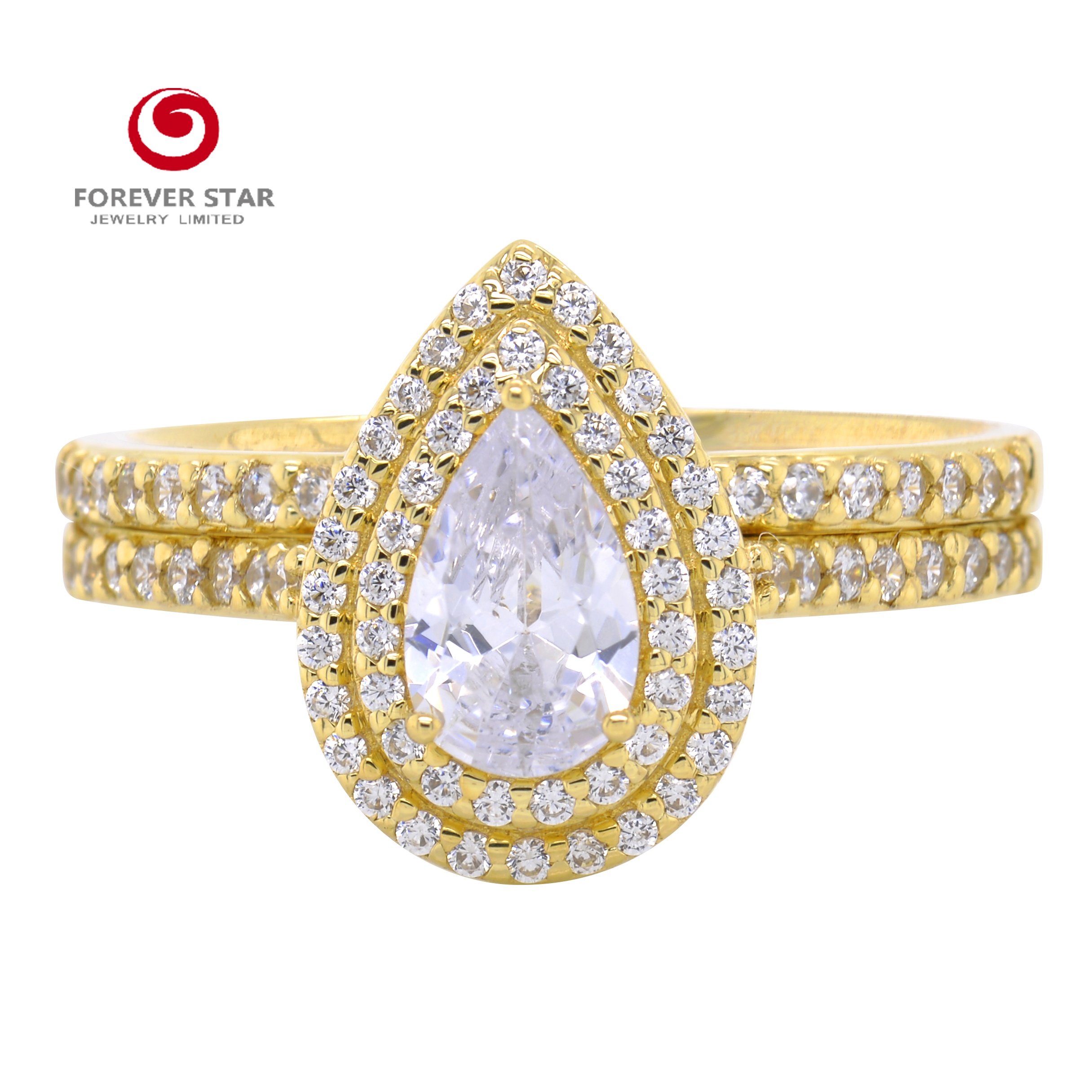 Factory Wholesale Elegant Style 14K Yellow Gold D Color Pear Moissanite Engagement Wedding Set Ring