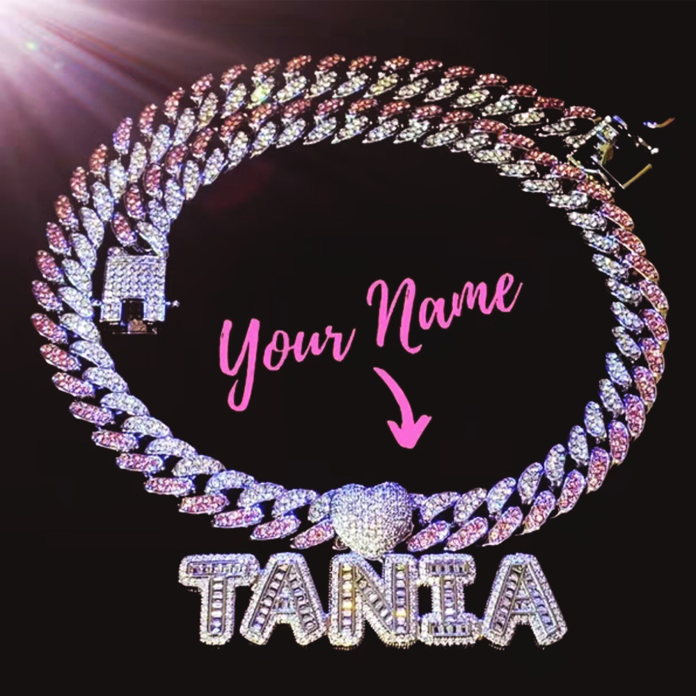 Pink Stones Cubic Zirconia Custom Name Pendant Necklace Hip Hop Style Chic Choker Personalized Diamond Letters Stainless Steel