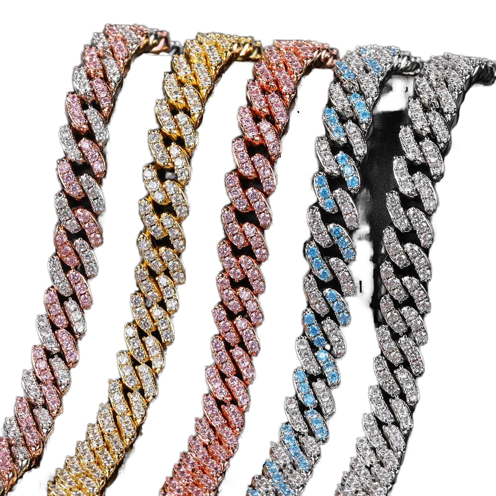 Hip Hop Lced CZ 9mm Cuban Link Chain Gold Plated Blue Pink Cubic Zirconia Bling Rapper Necklace Star-shaped Diamond Pearl Zircon