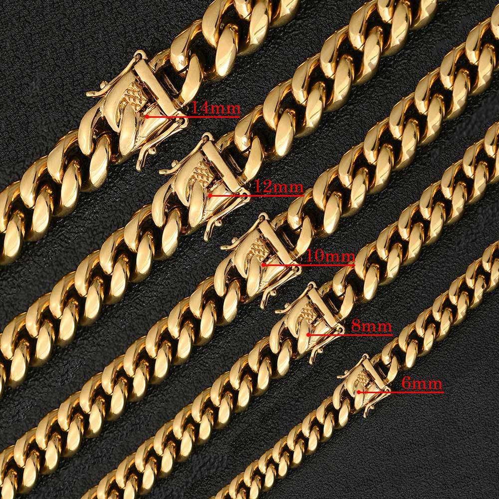 Wholesale Gold Plated Stainless Steel Miami Cuban Link Chain Iced Out 6mm-14mm Hip Hop Necklace Jewelry