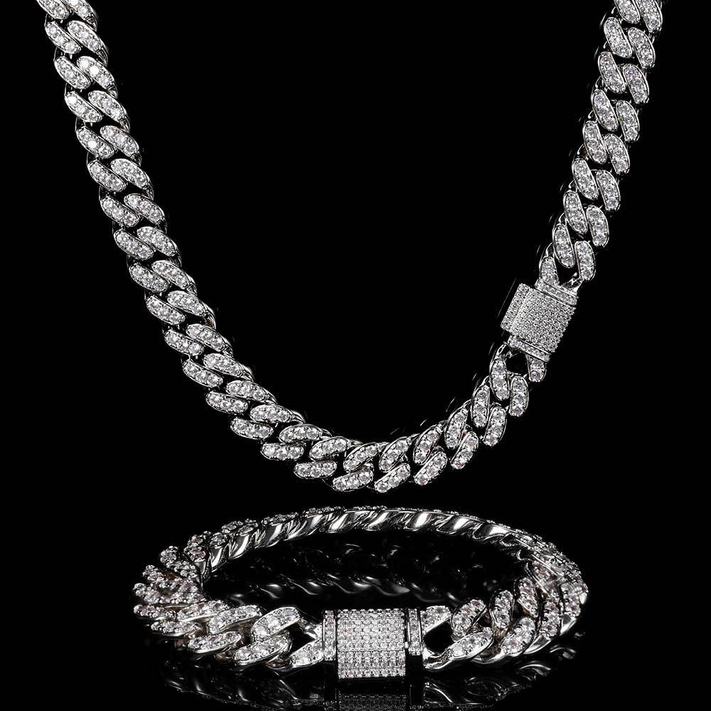 Hip Hop Street Rap 12mm Men's Cuban Link Chain Necklace  Iced Out Cz  Diamond Miami Cuban Link Chain Necklace