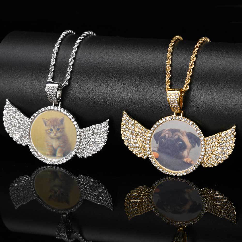 Wholesale Custom Angel Wing Gift Photo Pendant  Memory Locket Picture Necklace Pendant Chains Jewelry
