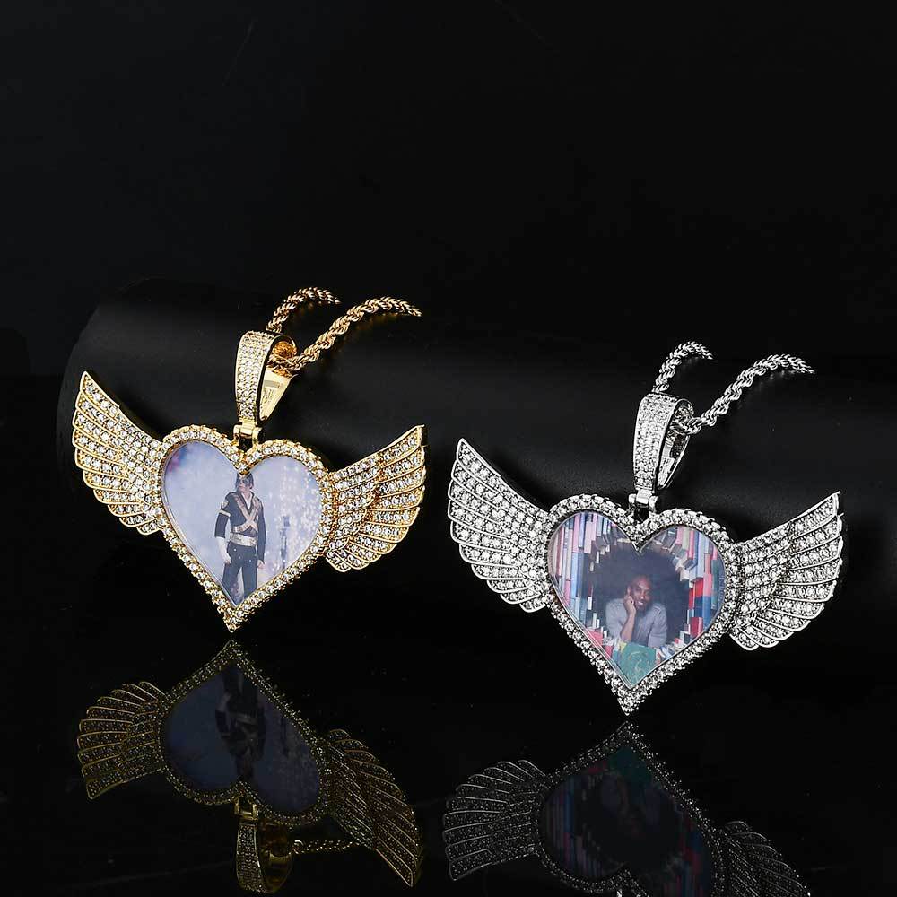 Custom Hip Hop Diamond Heart Photo Pendant  Necklace Men Personalized Memory Picture Necklace With Wings