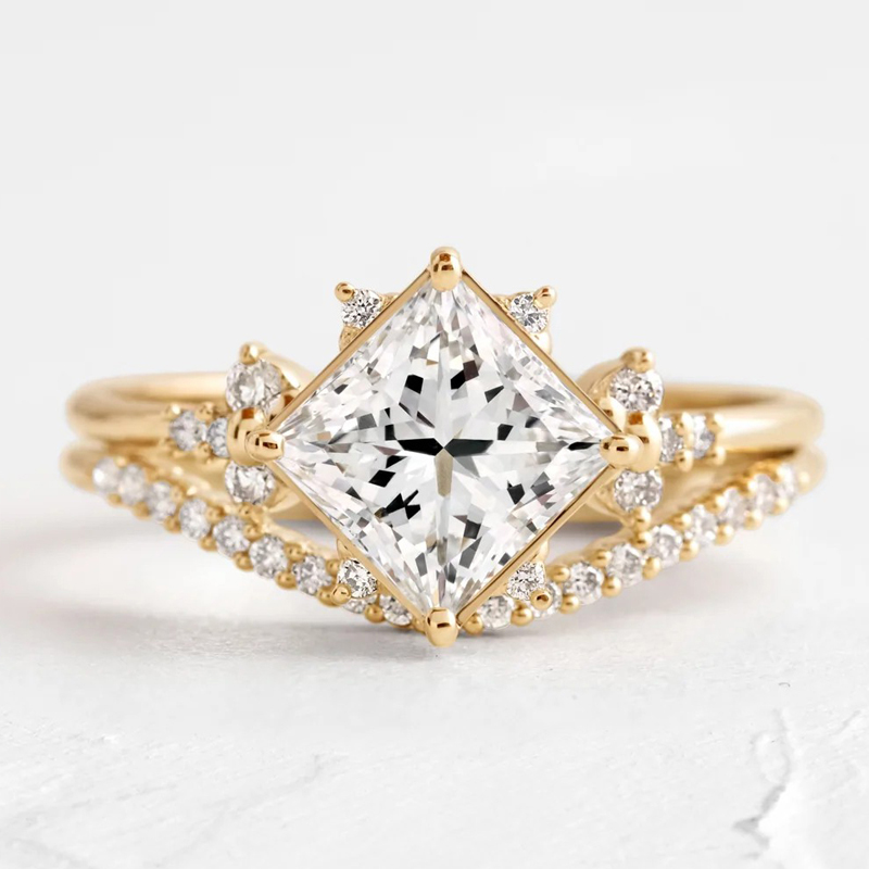 Custom Luxury Anniversary Gift 18k Gold Diamond Princess Cut Engagement Ring Wholesale Wisbone Curved Band Bridal Rings