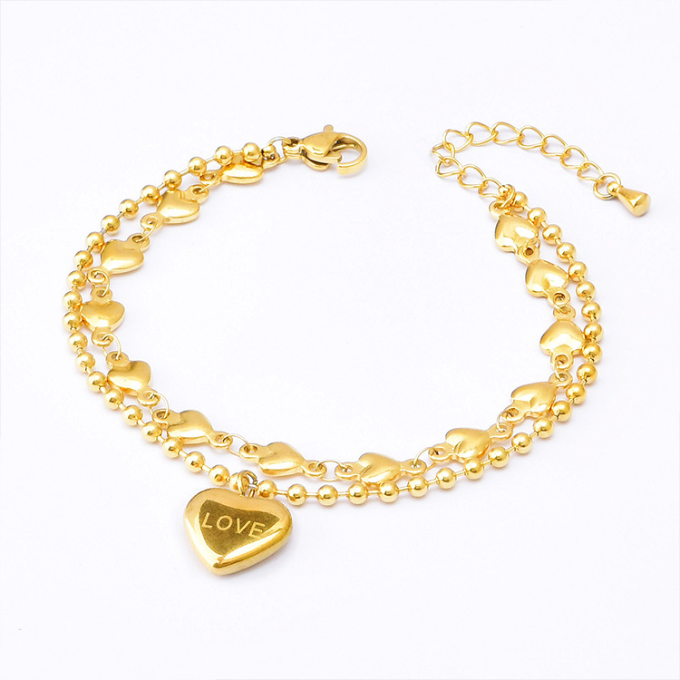 Hot Sale Yellow Gold Plated Heart Double Chains Bracelet Stainless Steel Jewelry Bracelet