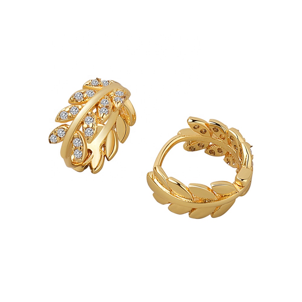 14K Gold Plated Leaves Round Earrings Personality Brass High Quality Zircon Luxury Women's Ins Hoop Earrings