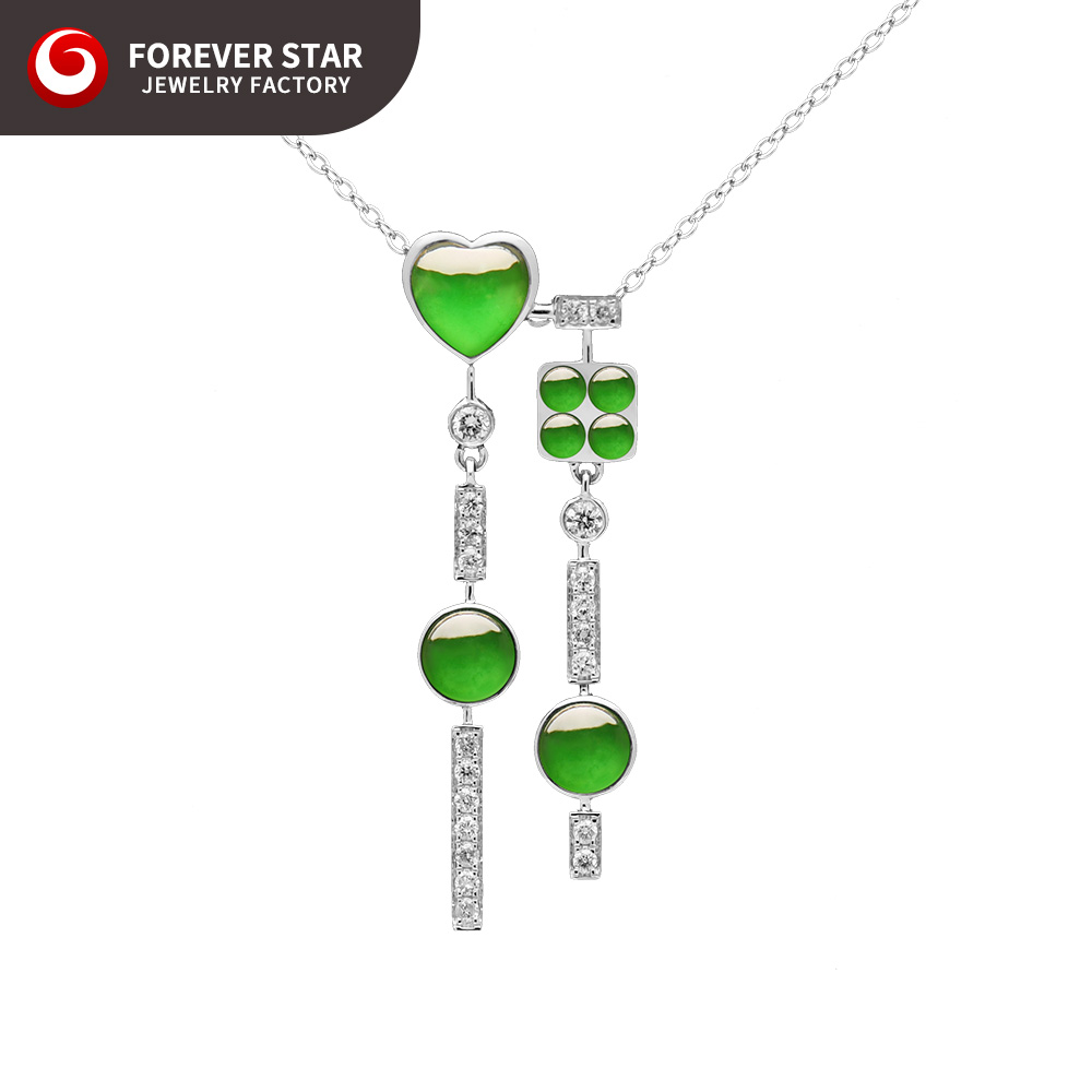 Forever Star Imperial Green Icy Jadeite 18K White Gold Diamond Jewelry Sets 100% Natural Jadeite Including Charm Pendants