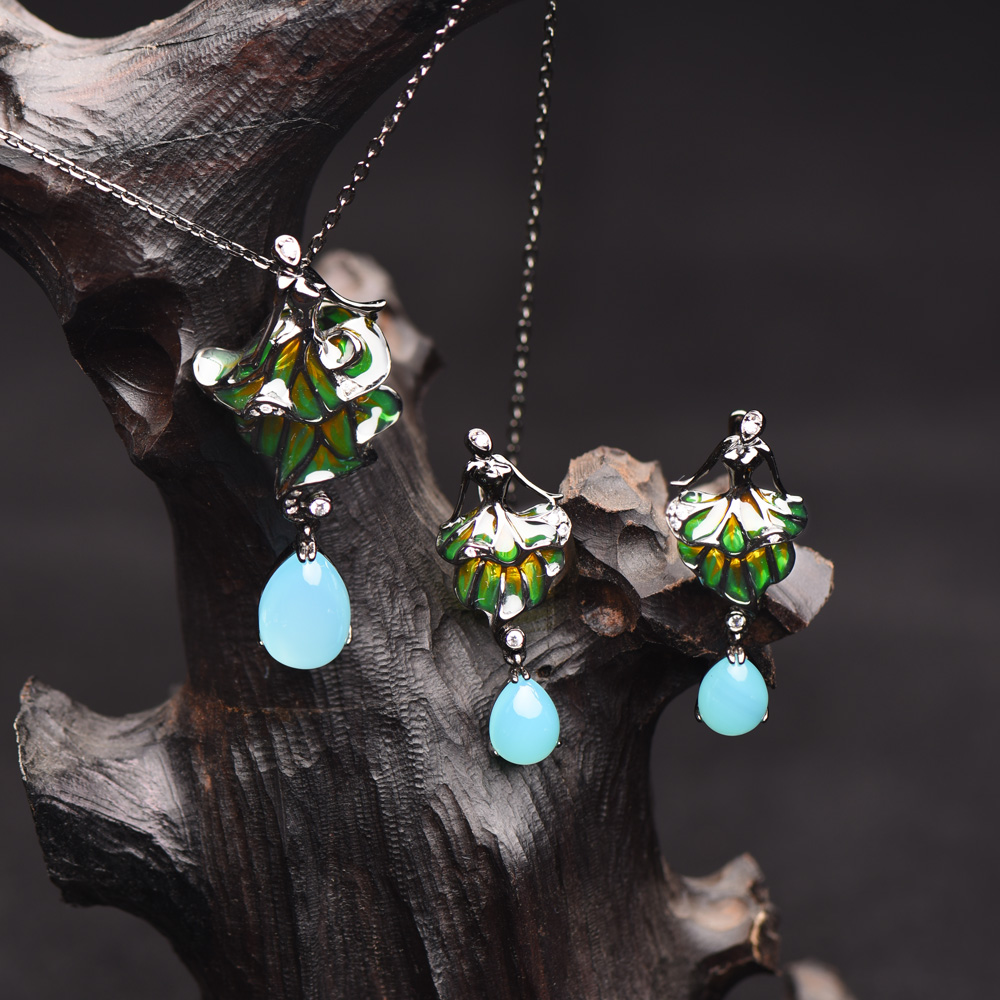 Enamel Stackable Rings 925 Silver Sea Blue Topaz W/CZ Ring Earrings Necklace+Brooch Jewelry Set